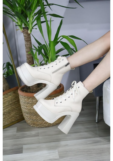 Asmi Shoes Kadın Lina Bağcık Detayı 12 Cm Platformlu Bot Krem Krem