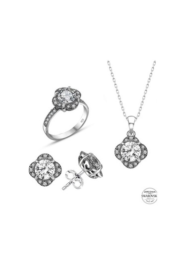 Sertifikalı Swarovski Tektaş Gül Modeli 925 Gümüş Set
