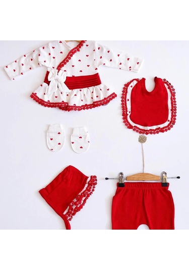 Kalp Desenli Dantel İşlemeli Hastane Çıkışı Bebek Takımı Beyaz