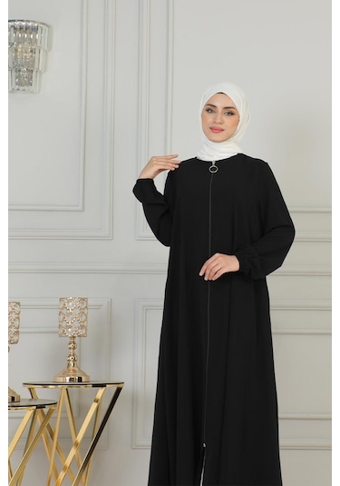 Boydan Fermuarlı Medine İpeği Ferace Brc2305 Siyah 001