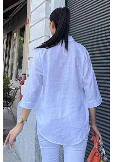 Kadın Beyaz Truvakar Kol, Oval Kesim, Terletmez, Flamlı Keten Salaş Gömlek Beyaz