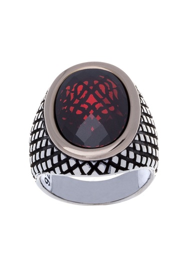 925 Ayar Gümüş Kırmızı Zirkon Taşlı Bronz Çerçeveli Erkek Yüzük