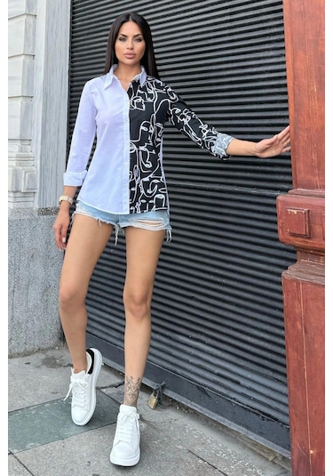 Kadın Beyaz Desenli İki Renkli Uzun Kol Regular Kesim Standart Boy Gömlek Beyaz