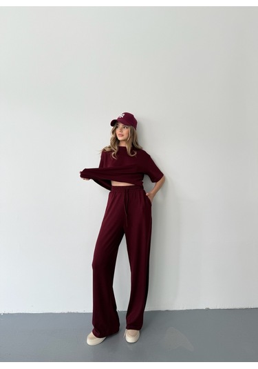 Kadın Modal Kısa Kolu Soft Touch Spor Takım Bordo