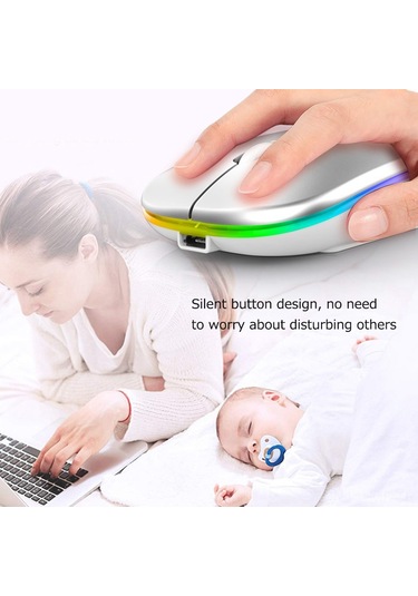 Mufunye Optik Kablosuz Fare, 2.4g+bt3.0+bt5.2 Üçlü Bağlantı, Led Işık Efekti, 500mah Pil, Sessiz Ofis Kullanıma Uygun, Gümüş Renk Type-c Adaptörü İle Optik Mufunye Optik Kablosuz Fare, 2.4g+bt3.0+bt5.2 Üçlü Bağlantı, Led Işık Efekti, 500mah Pil, Sessiz Ofis Kullanıma Uygun, Gümüş Renk Type-c Adaptörü İle Optik