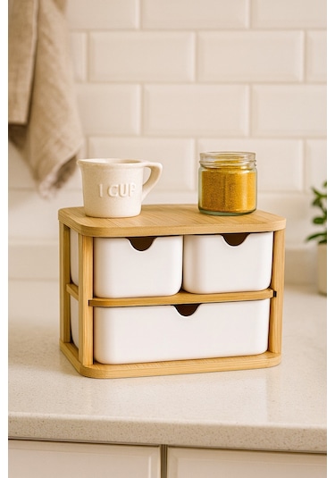 Doğal Bambu Çok Amaçlı 3 Gözlü Çekmeceli Organizer Br-6711 Beyaz