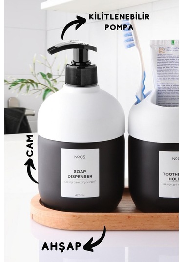 Nandy Home Lüks Ahşap Altlıklı Cam Cool Sabun ve Diş Fırçalık Banyo Seti 2'li Beyaz