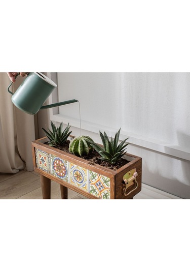 Halohope El Yapımı Ayaklı 4 Çinili Dekoratif Modern Ahşap Dikdörtgen Bahçe Balkon Saksı Saksılık Çiçeklik