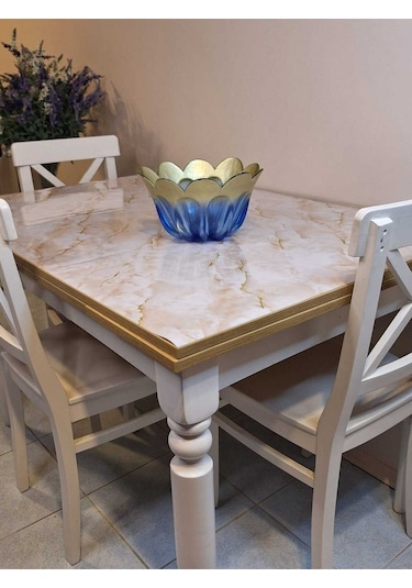 Kalın Pvc Masa Koruyucu 1.2 Mm Mika Örtü, 80 Cm En, Mermer Desen Gold