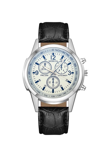 Üç Gözlü Mavi Işık Cam Kemerli Erkek Saati - Beyaz Kadran Siyah Çok Renkli