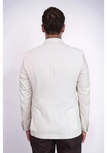 Ekru Çizgili Keten Dokulu Gold Renk Metal Düğmeli Slim Fit Erkek Blazer Ceket Wessi Cream