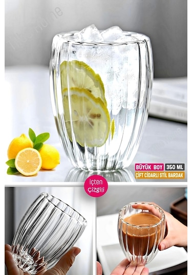 2'li Çift Cidarlı Burgulu Kristal Cam Bardağı Çay Süt Kahve Kupası Sıcak & Soğuk İçecek Bardak Seti