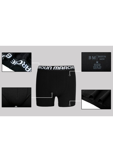 Boun Marche Erkek Boxer Likralı Premium 6'lı Kutu Tom Beyaz - Siyah Gömmeli