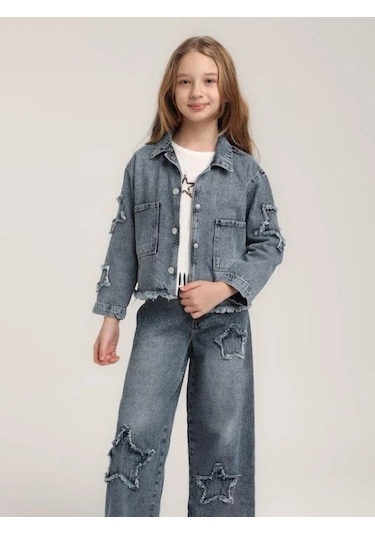 Kız Çocuk Yıldızlı Büyük Cepli Kot Ceket-15622 Mavi