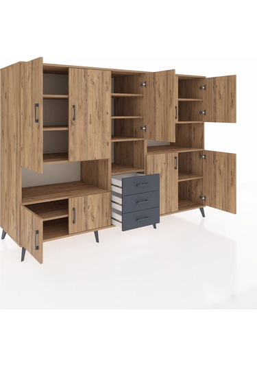 Kronos Dolap 13 Raflı 3 Çekmeceli 9 Kapaklı 220x59x163 Çam-çam/an Çam-çam/antrasit