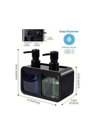 Gateesat Siyah 4ü 1 Arada Sabunluk Lavabo Organizatörü Çift Sabun Dispanseri Sünger Ve Fırça Tutucu Siyah