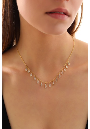 925 Ayar Gümüş Ful Mekik Zirkon Taş Sallantılı Kolye Altın