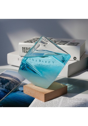 Reedark Hava Durumu Tahmin Flashtası - Mavi Küçük Su Küpü + Ahşap Tabanlı, Cam Malzeme, El Blown, 8x8x10.5 Cm