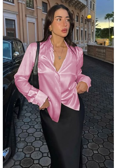 Madmext Pembe Gizli Düğmeli Şık Kadın Saten Gömlek Mg2675 Pembe