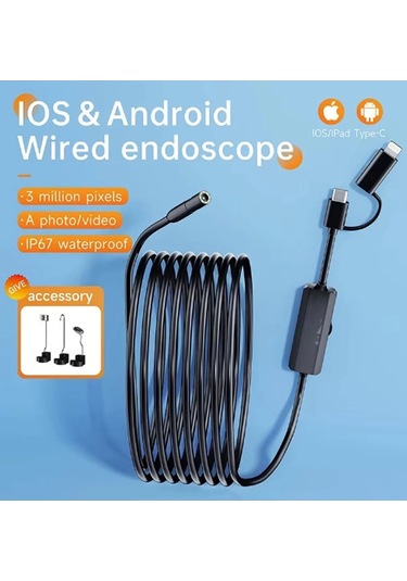 Endoskop Yılan Video Kamera Ios Ve Android Uyumlu Led Li 10 Metre 8 Mm Sert Kablo 2mp