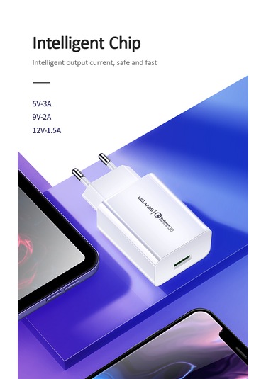 Usams US-CC083 T22 18W Hızlı Şarj Adaptörü QC3.0 – iPhone 13 / Samsung S23 / Google Pixel 8 Uyumlu