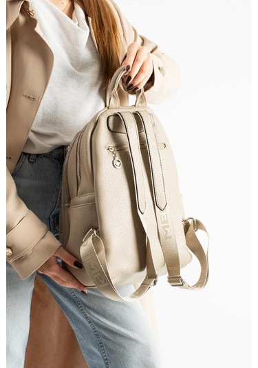 Vegan Deri Kadın Sırt Çantası 35 25 Cm Yağmur İtici Kumaş Mega Bag Günlük Kullanıma Uygun Krem