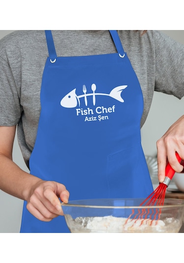Bk Gift Kişiye Özel Balık Şef Mavi Profosyonel Önlük - 1, Aşçı Önlüğü, Şef Önlüğü, Babaya