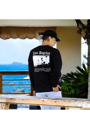 Sweatshirt Unisex Siyah Los Angeles Baskılı Oversize Sweatshirt Siyah