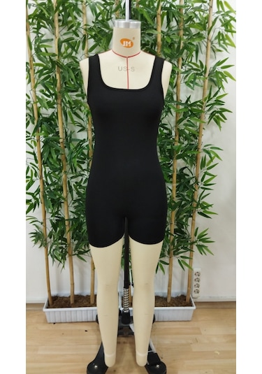 Kadın Kare Yaka Sırt Dekolte Detay Dalgıç Bodycon Mini Tulum Siyah