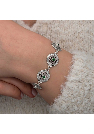 Artsmagazinmücevher Gümüş Telkari Zümrüt Taşlı Kadın Bileklik