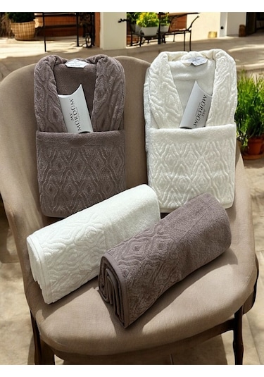 Banyo Çeyiz Seti, %100 Pamuk Bornoz Takımı, 8 Parça Aile Bornoz Seti, Havlu & Havlu Seti Kahve-krem Kahverengi