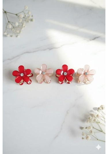 Çiçek Şeklinde Metal Toka, Metal Klipsli Renkli Çiçek Toka 4 Adet Kırmızı - Pembe