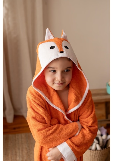 Formeya Kapşonlu Çocuk Bornoz %100 Pamuk Su Emici Tilki Figürlü Turuncu