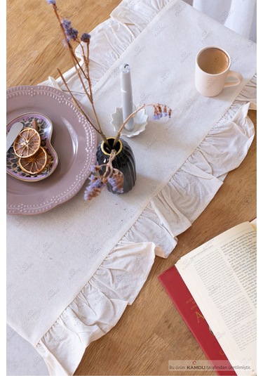 Düz Bej 40x125 Cm Vintage Fırfırlı %100 Keten Pamuklu Amerikan Runner Bej