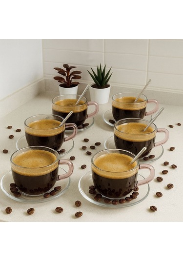 Qerhome 6'lı Borosilikat Cam Tabaklı Ve Kaşıklı Sof Elegance Çay Ve Kahve Kupası 330 Ml Şeffaf