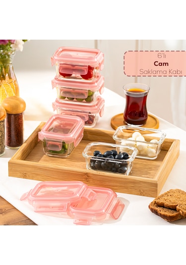 Porsima 4375 6lı Sızdırmaz Kilit Kapaklı Yiyecek Erzak Saklama Kabı Seti - Cam Saklama Kabı - 150ml Pudra Pudra