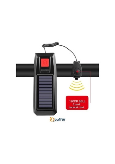 Buffer Solar Enerjili Usb İle Şarj Edilebilir Ledli Bisiklet Feneri Kornalı Ve Su Geçirmez Far Siyah