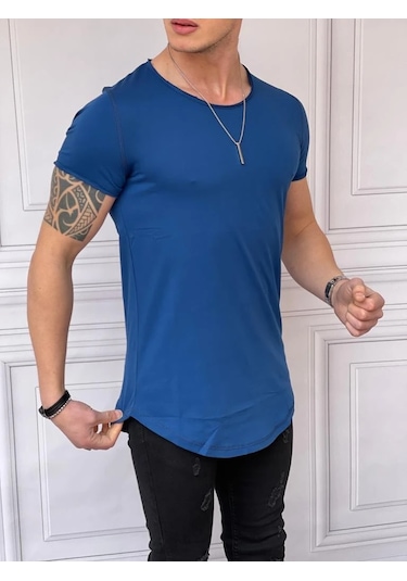 Modefendi Slim Fit Oval Kesim Pamuk Basic Tshırt Mavi