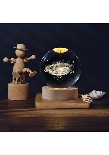 3d Galaxy Kristal Top Lamba Lazerler Yatak Odası Dekoru İçin Ahşap Tabanlı Gravür Gece Lambası,, Seçenekler: Galaxy Şeffaf