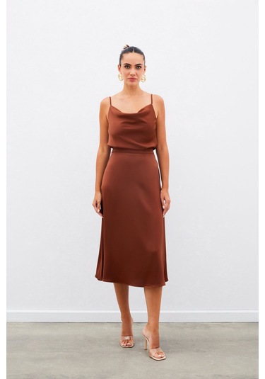 Sateen Midi Boy Saten Etek - Kahve-134960 Kahve