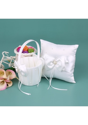 Novahub 7 İnç Beyaz Saten Rhinestone Süslemeli Yüzük Taşıyıcı Ve Düğün Çiçek Kız Sepeti Seti Diğer