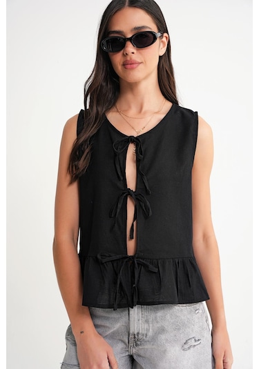 4717 Kadın Önü Bağcıklı Fırfırlı Kolsuz Keten Bluz Siyah Siyah