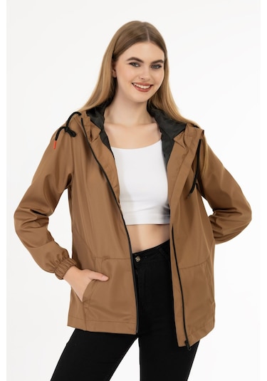 Kadın Taba Içi Astarlı Su Geçirmez Ve Rüzgara Dayanıklı Kapüşonlu Cepli Yağmurluk - Rüzgarlık Taba