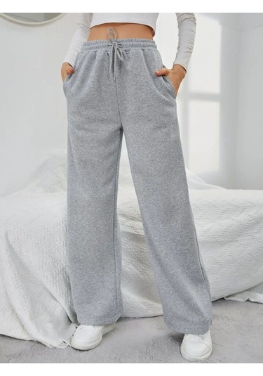 Kallima Kışlık Polarlı Yüksek Bel Gri Bol Paça Eşofman Altı Siyah