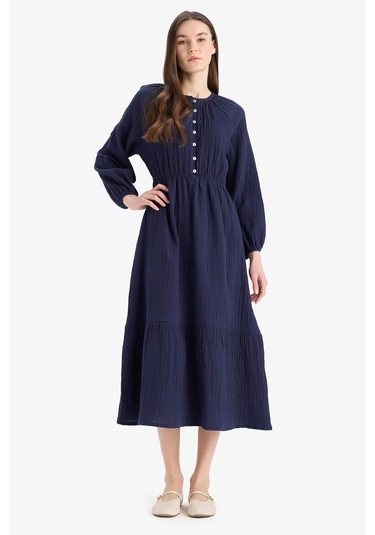 DeFacto Relax Fit Bisiklet Yaka Müslin Uzun Kollu Maxi Elbise D0570AX25SMNV31