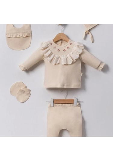 Lale Nakışlı Yenidoğan Kız Bebek 5 Parça Hastane Çıkışı Zıbın Seti Bej