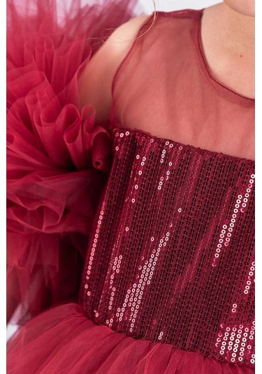 Kız Çocuk Abiye Elbise Ponpon Kol Pul Payetli Tütülü Bordo