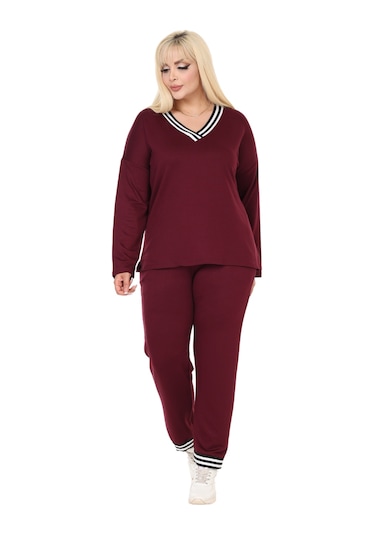 Melsay Butik Bordo V Yaka Yakası Şerit Detaylı Eşofman Takımı Bordo