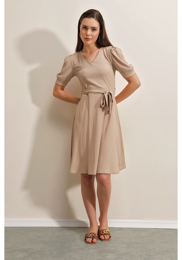 Bigdart 2370 Kuşaklı Örme Elbise - Bej