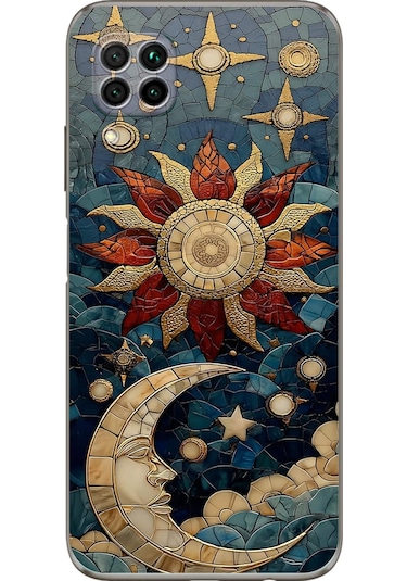Printify Huawei P40 Lite İle Uyumlu Vitray Sol Ve Luna Tasarımlı Şeffaf Silikon Kılıf Şeffaf